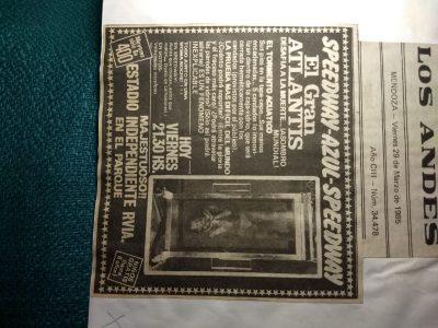 Descripción: El gran Atlantis desafía a la muerte.  Fecha: 29 de marzo de 1985 Diario: Los Andes- Mendoza.  Procedencia: Archivo Personal Mario Mostny