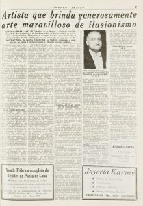 Titulo: Artista que brinda generosamente arte maravilloso de ilusionismo. Diario: Mundo Árabe. Año: julio de 1958. Fuente: Mundo Árabe