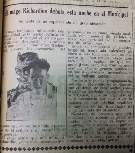 Titulo: El Mago Richardine debuta esta noche en el Municipal. Año: Diciembre 1937. Fuente_ Biblioteca Nacional - El Teniente. Fuente_ Biblioteca Nacional - El Teniente. Fuente: Biblioteca Municipal Punta Arenas- El Magallanes.