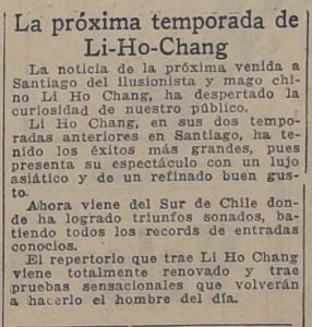 Descripción: La próxima temporada de Li Ho Chang. Diario: La Nación. Año: Marzo 1927. Fuente: Sección periódicos y micro formatos Biblioteca Nacional de Chile .jpeg