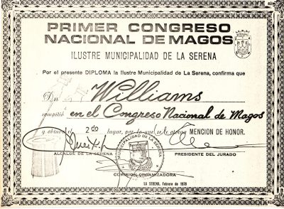 Descripción: Diploma 2do lugar, Primer Congreso Nacional de Magos.  Fecha: febrero de 1978 Fuente: Archivo privado Procedencia: Archivo Familiar Williams Miranda