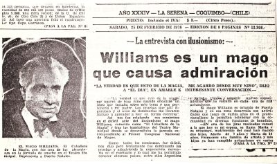 Descripción: Williams es un mago que causa admiración.  Fecha: Domingo, 25 de febrero de 1978 Fuente: El Día, La Serena Procedencia: Periódicos y micro formatos, Biblioteca Nacional de Chile.