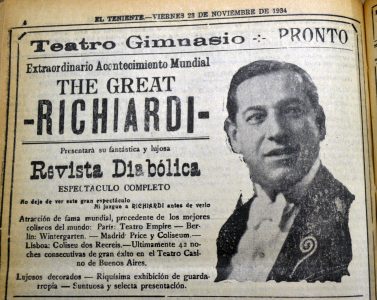 Titulo: The Great Richiardi - Teatro Gimnasio. Año 23 de noviembre de 1934.  Fuente: Biblioteca Nacional - El Teniente