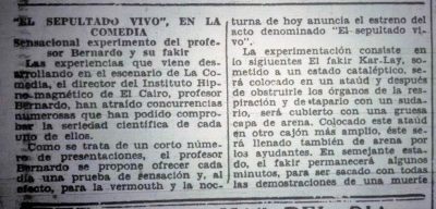 Titulo: Bernando y su Fakir - Teatro La Comedia. Año Junio 1927. Fuente_ Biblioteca Nacional - El Mercurio de Santiago.